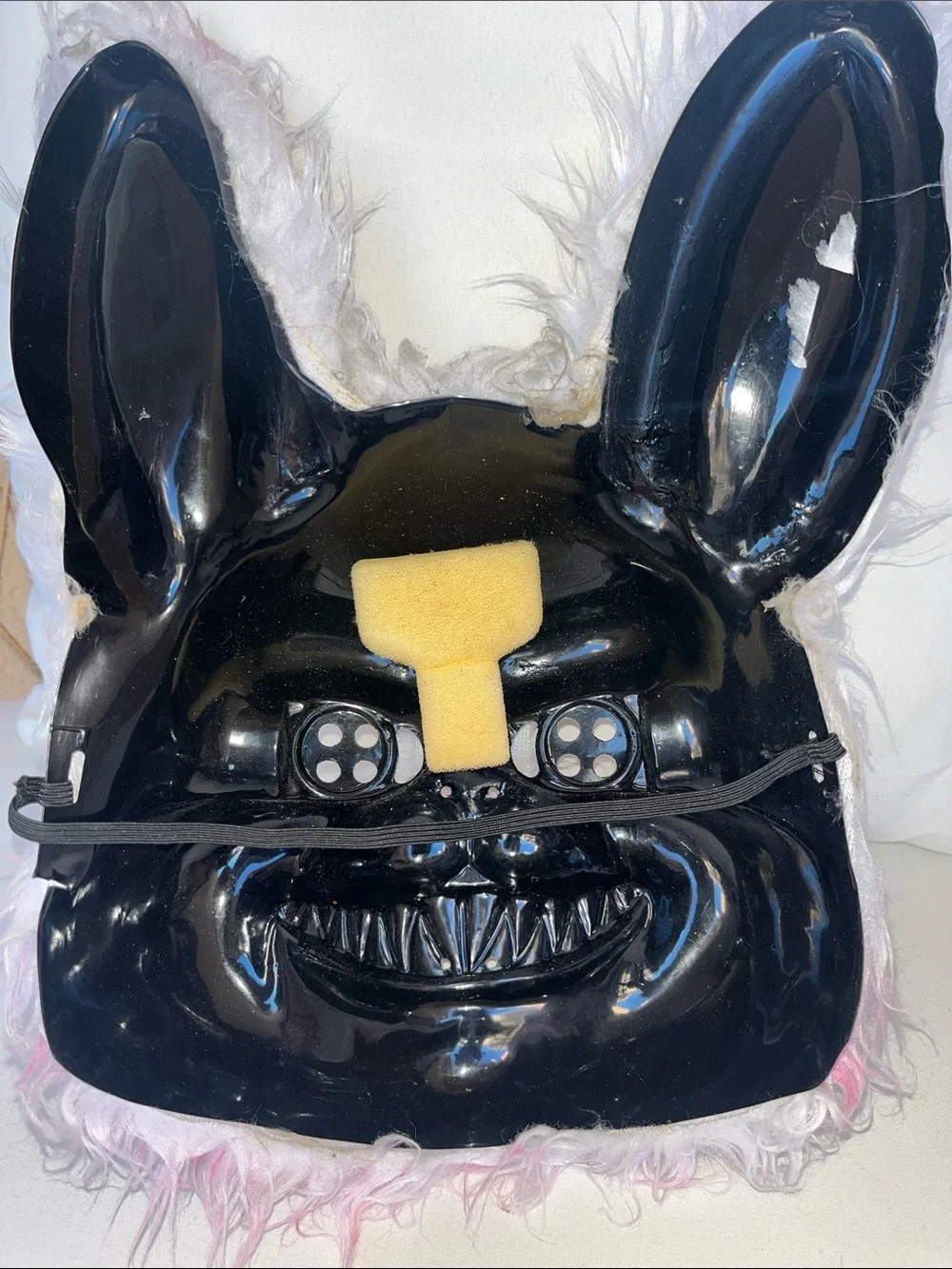 White and Pink Furry Bunny Halloween Mask with Yellow Eyes